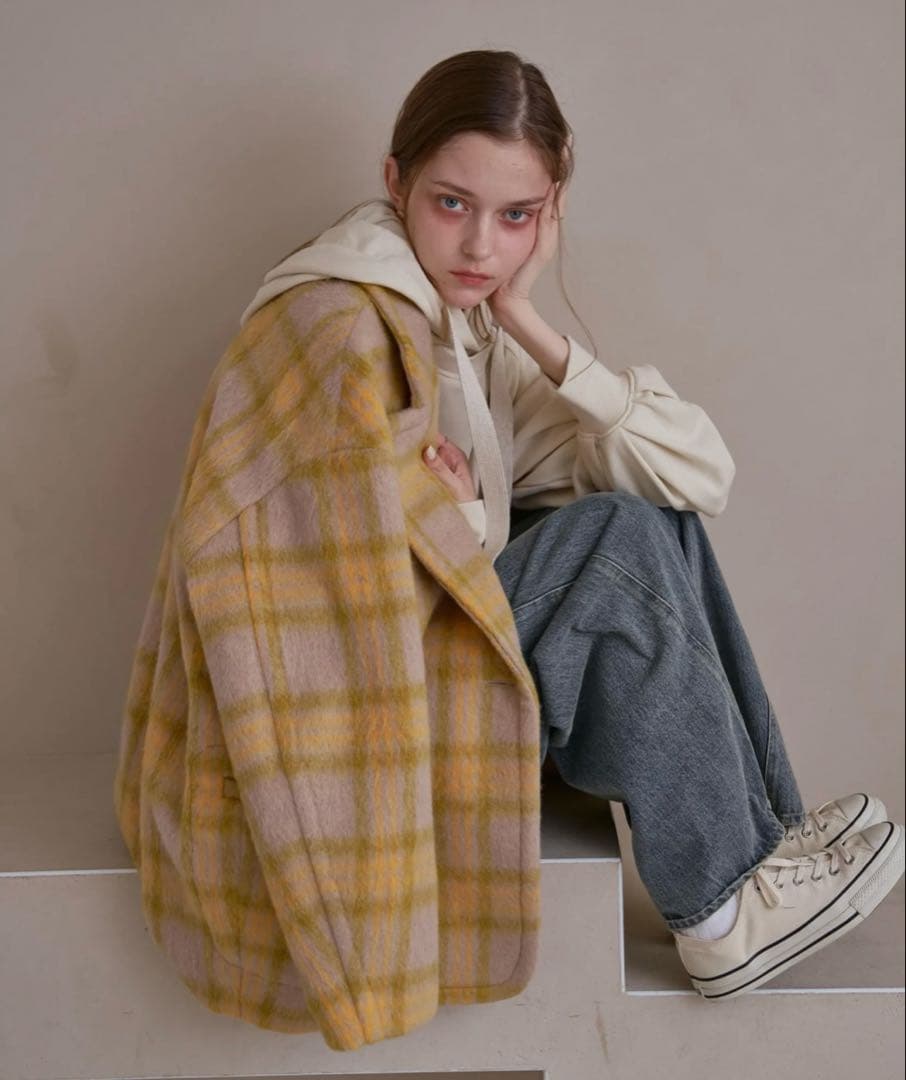 pinue シャギーチェックコート（YELLOW）