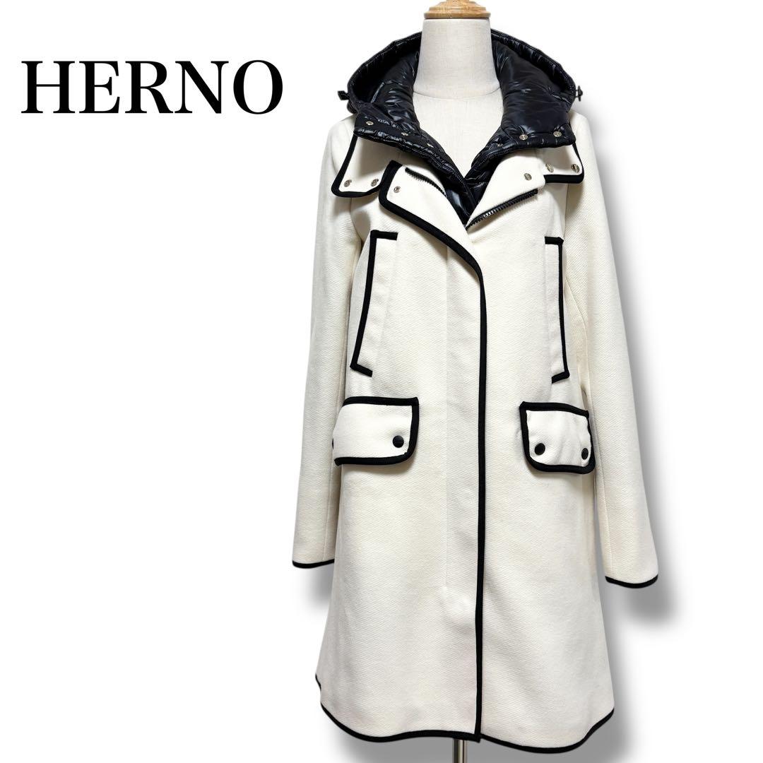 極美品✨HERNO ヘルノ ライナー付 フーディパイピングコート40 アイボリー