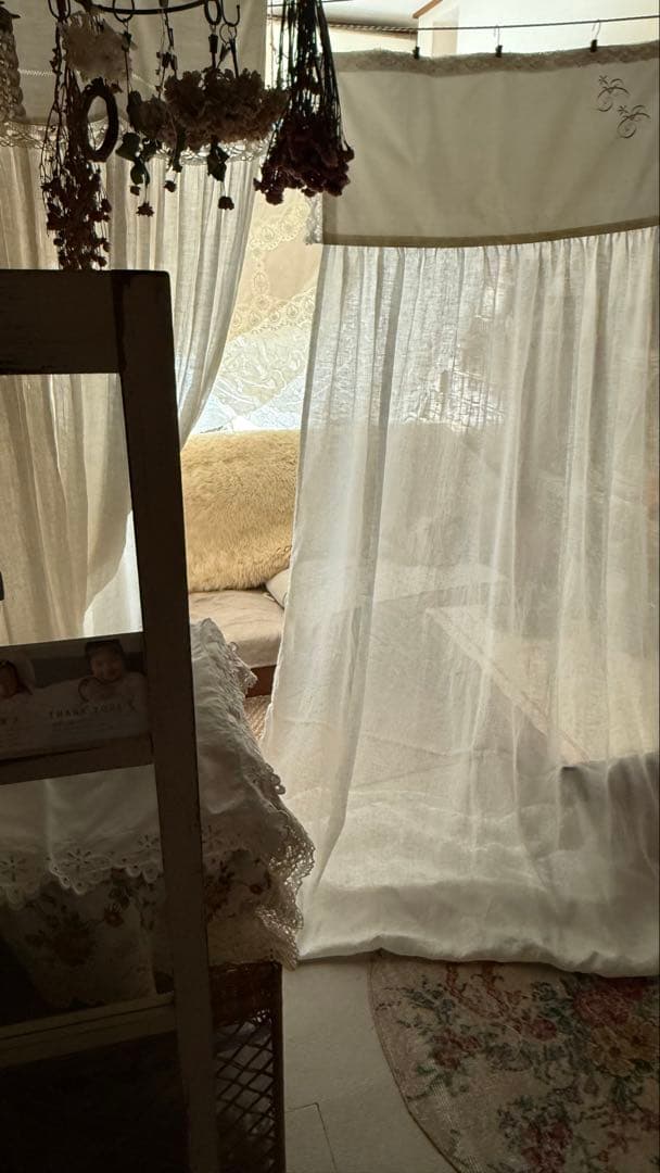 SALE❣️フランスアンティークモノグラム入りリネンガーゼカーテンஐ⋆*