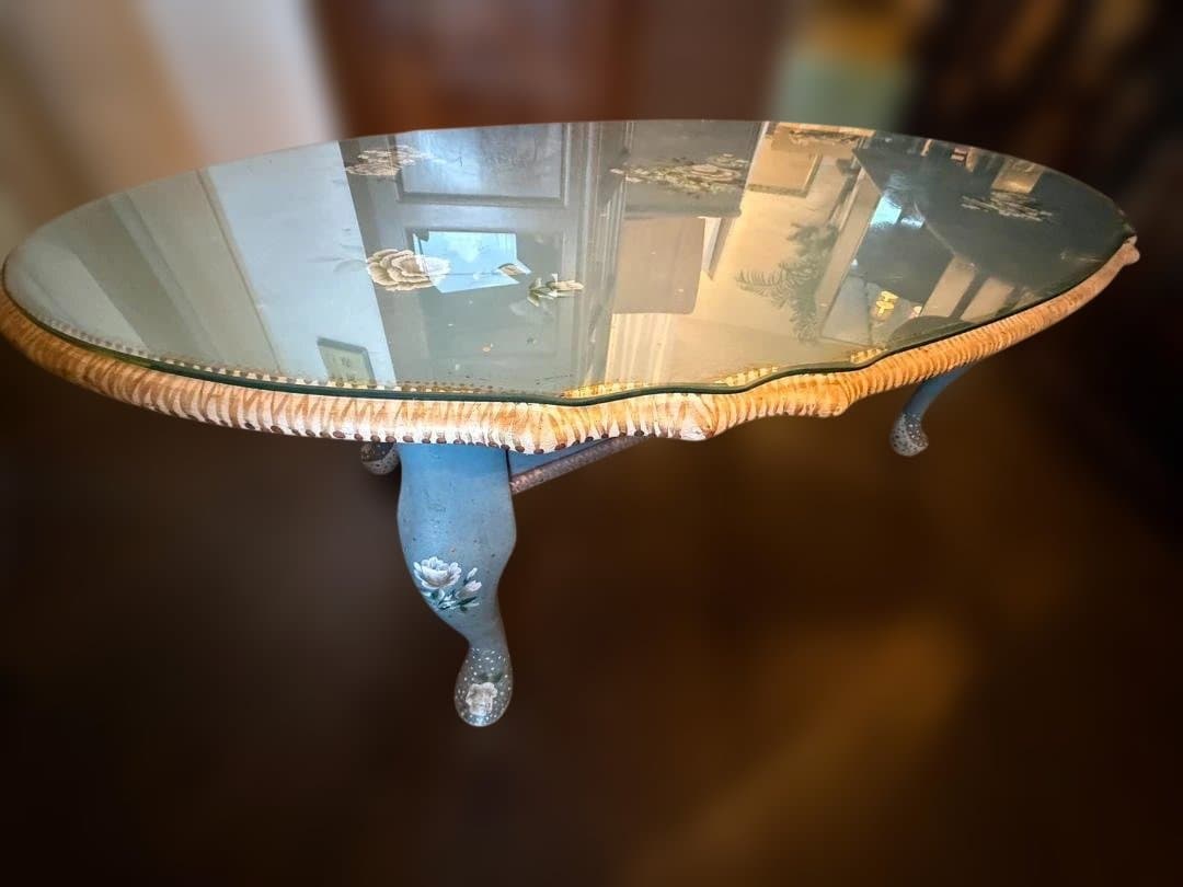 脚 ガラス ローテーブル 幅105cm 花柄ペイント 姫家具 アンティーク