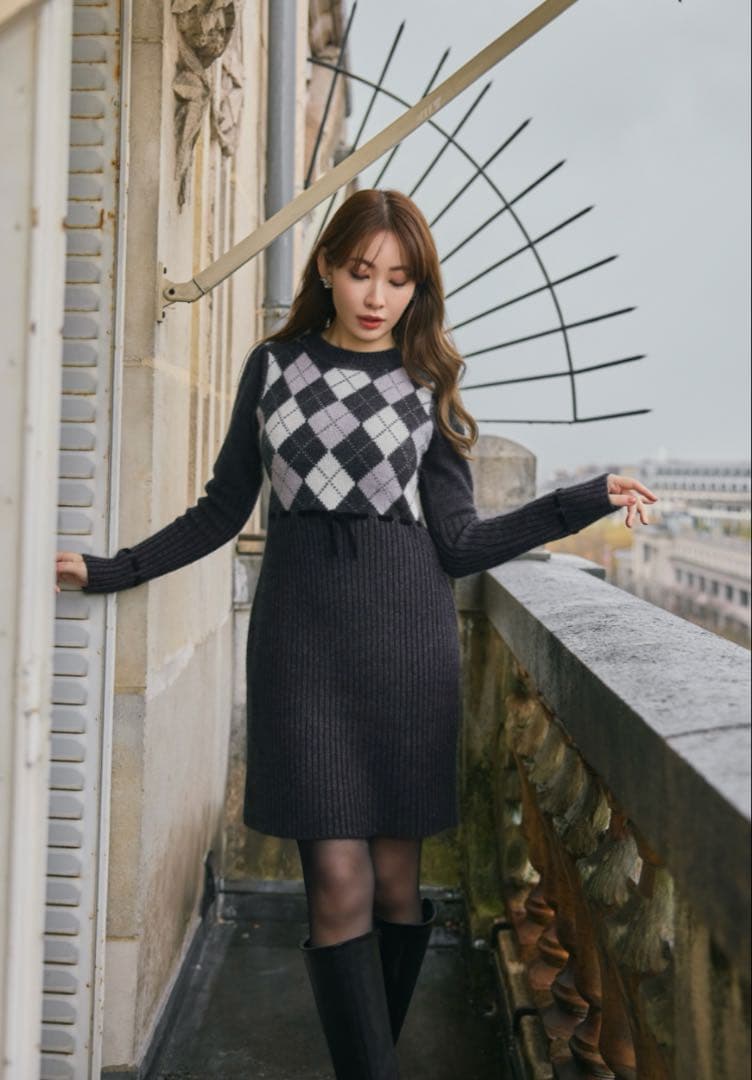 ワンピース Herlipto Moor Argyle Ribbon Knit Dress