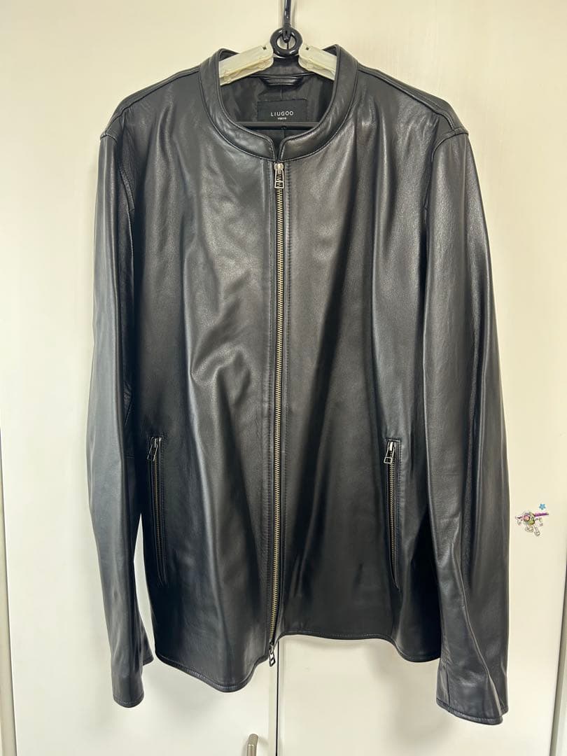 LIUGOO 本革 シングルライダースジャケット メンズ