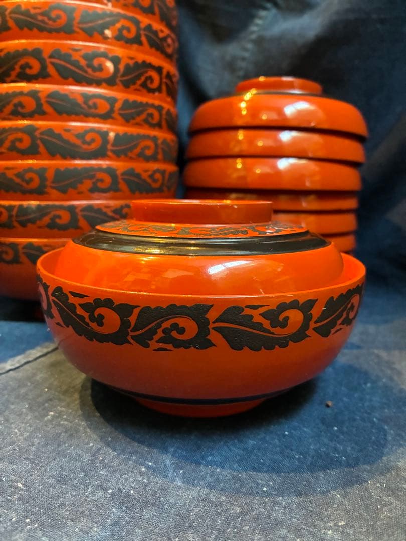 漆器　朱塗　吸物椀　煮物椀　10客　傷無し　木製　大ぶり