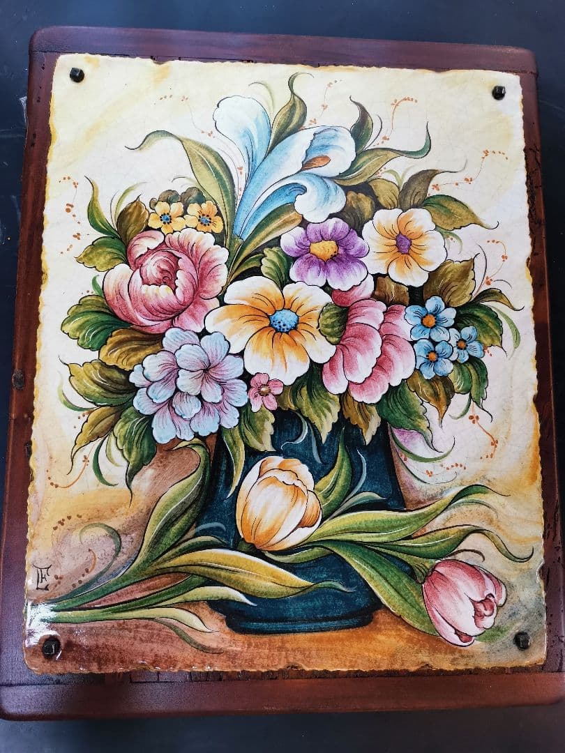 イタリア製　レトロ風 アンティーク 壁掛け　木製土台陶器 ★最終値下げ★