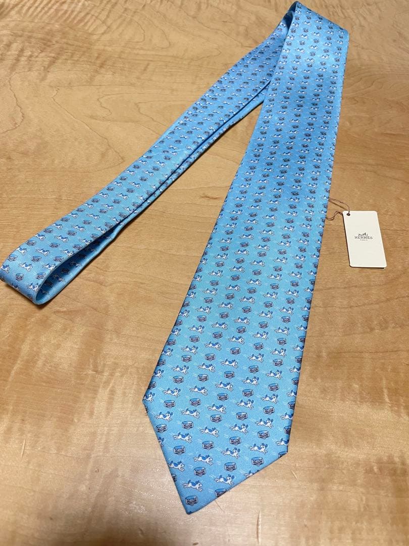 タグ付き　エルメス OH MY DOG ネクタイ　犬　ブルー　水色