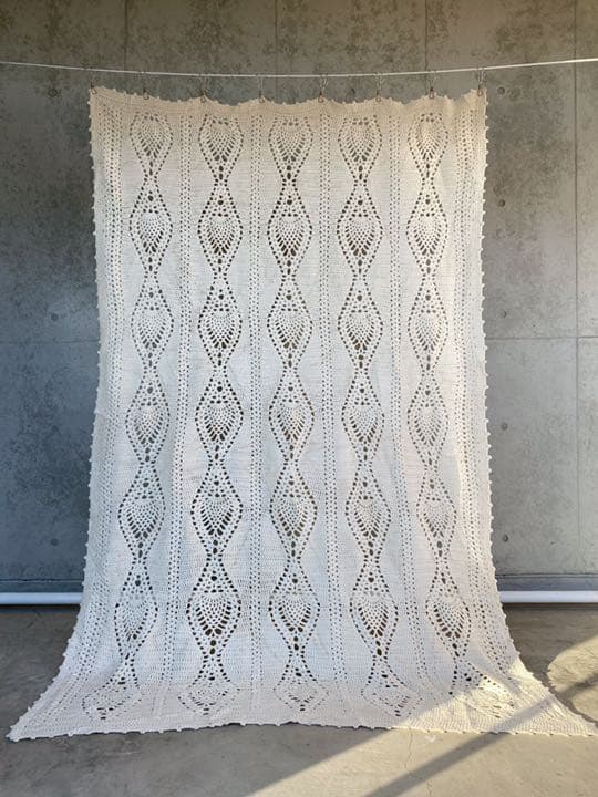 古着 ビンテージ 70s 鍵網 グラニー ブランケット キャンプ ラグ 敷物