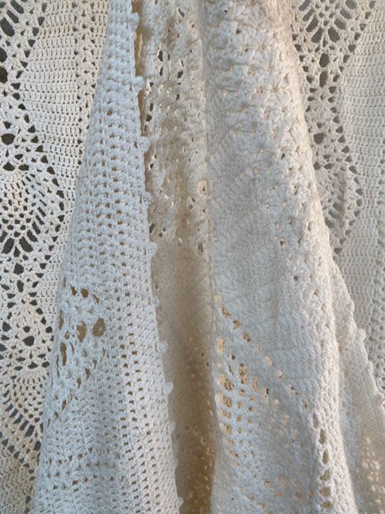 古着 ビンテージ 70s 鍵網 グラニー ブランケット キャンプ ラグ 敷物