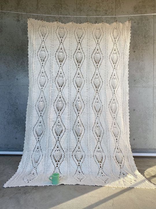 古着 ビンテージ 70s 鍵網 グラニー ブランケット キャンプ ラグ 敷物