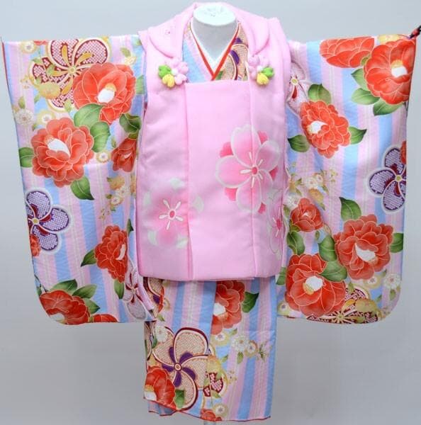 七五三 三歳 女児 被布着物フルセット ピンク×水色 日本製 お仕立て無料