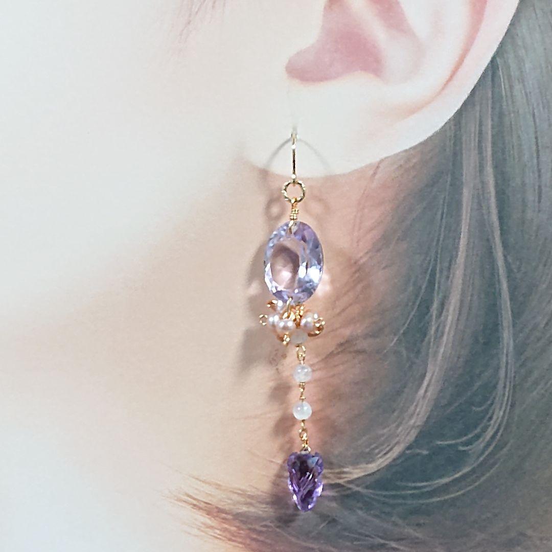 14kgf天然石アメトリンオーバルカットと淡水パール　ピアス　ハンドメイド