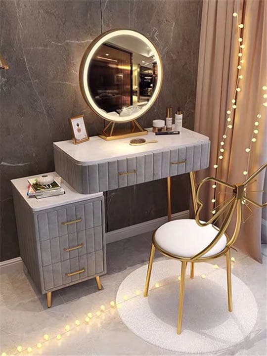 オシャレドレッサー　グレー　デスク引き出し2杯LEDミラー　椅子　棚4点セット