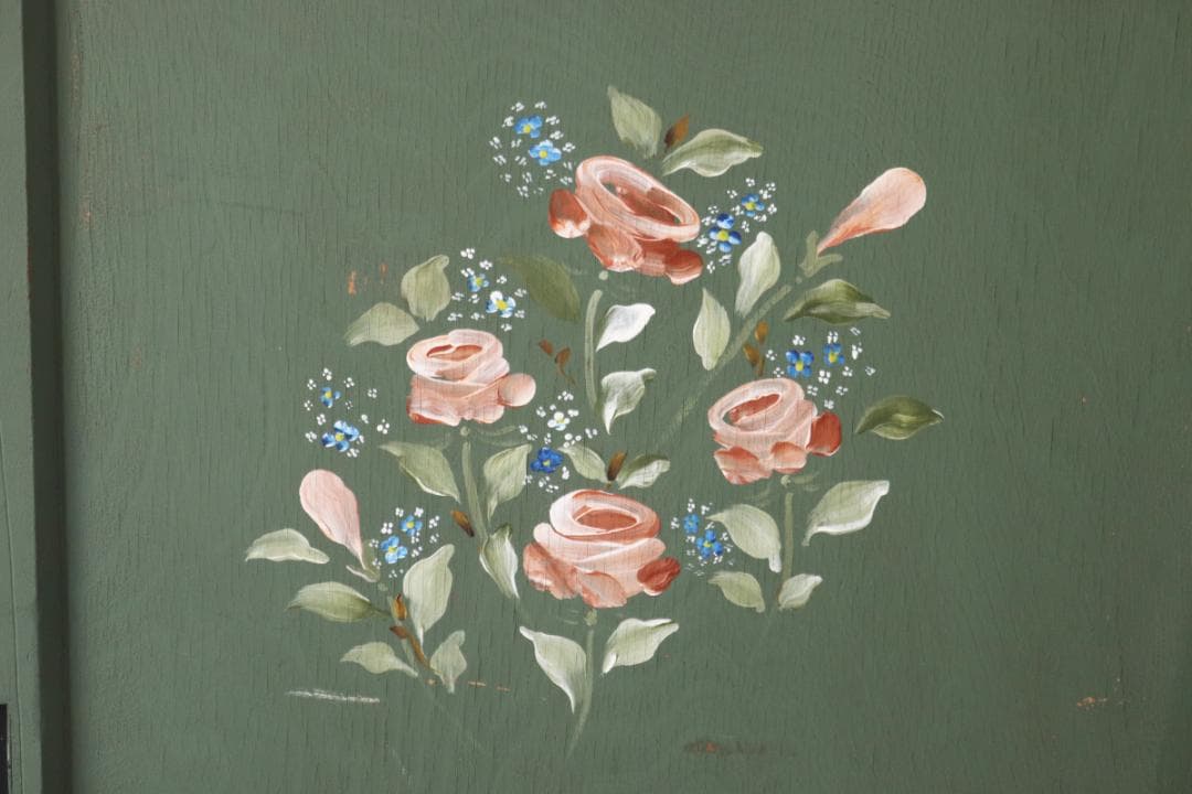 レトロ 建具 扉 引き戸 ドア ペイント 緑 花柄 木製 ヴィンテージ 2