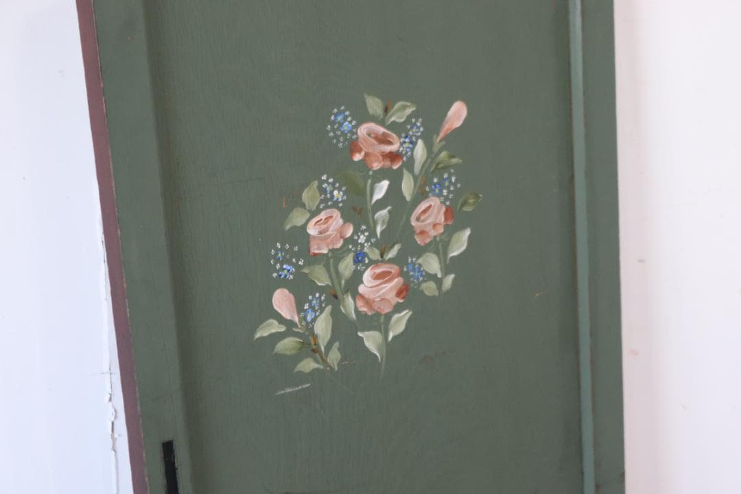 レトロ 建具 扉 引き戸 ドア ペイント 緑 花柄 木製 ヴィンテージ 2