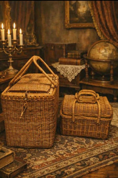 【希少】昭和レトロ 蓋付き竹編みバスケット2点セット