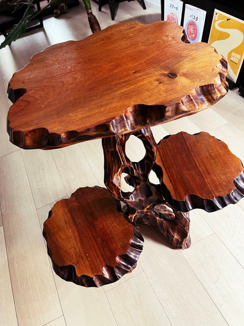 天然木 三段 アンティーク サイドテーブル 花台