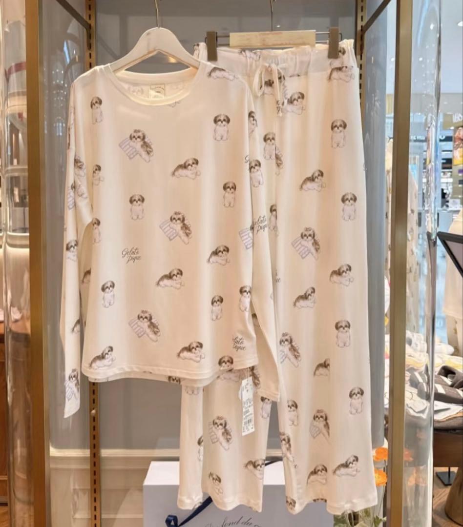 【上下セット】ジェラピケ　ジェラートピケ　シーズー柄ルームウェア　ホワイト