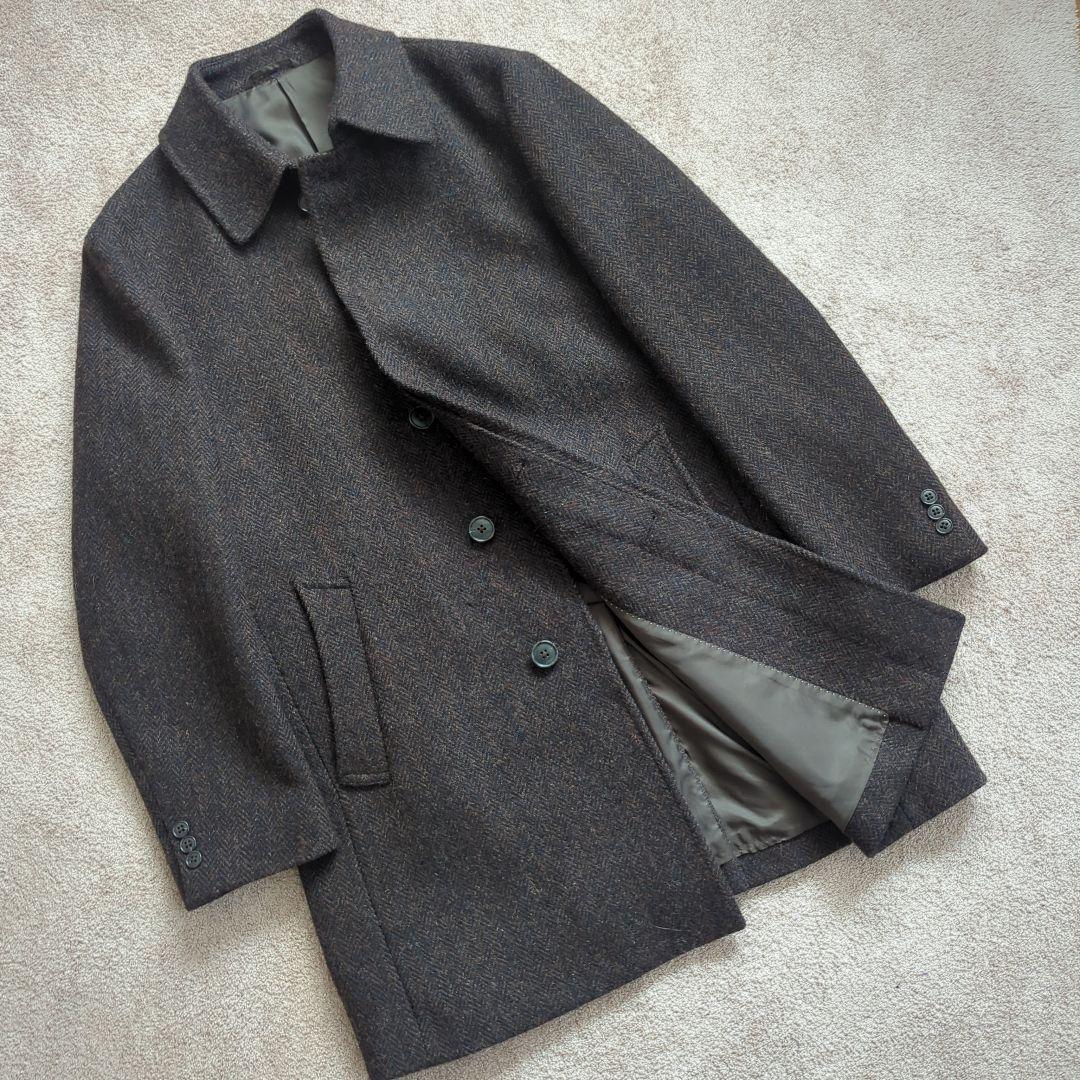 美品TeijinMen'sShopGinzaハリスツイードブラウンウールコートL