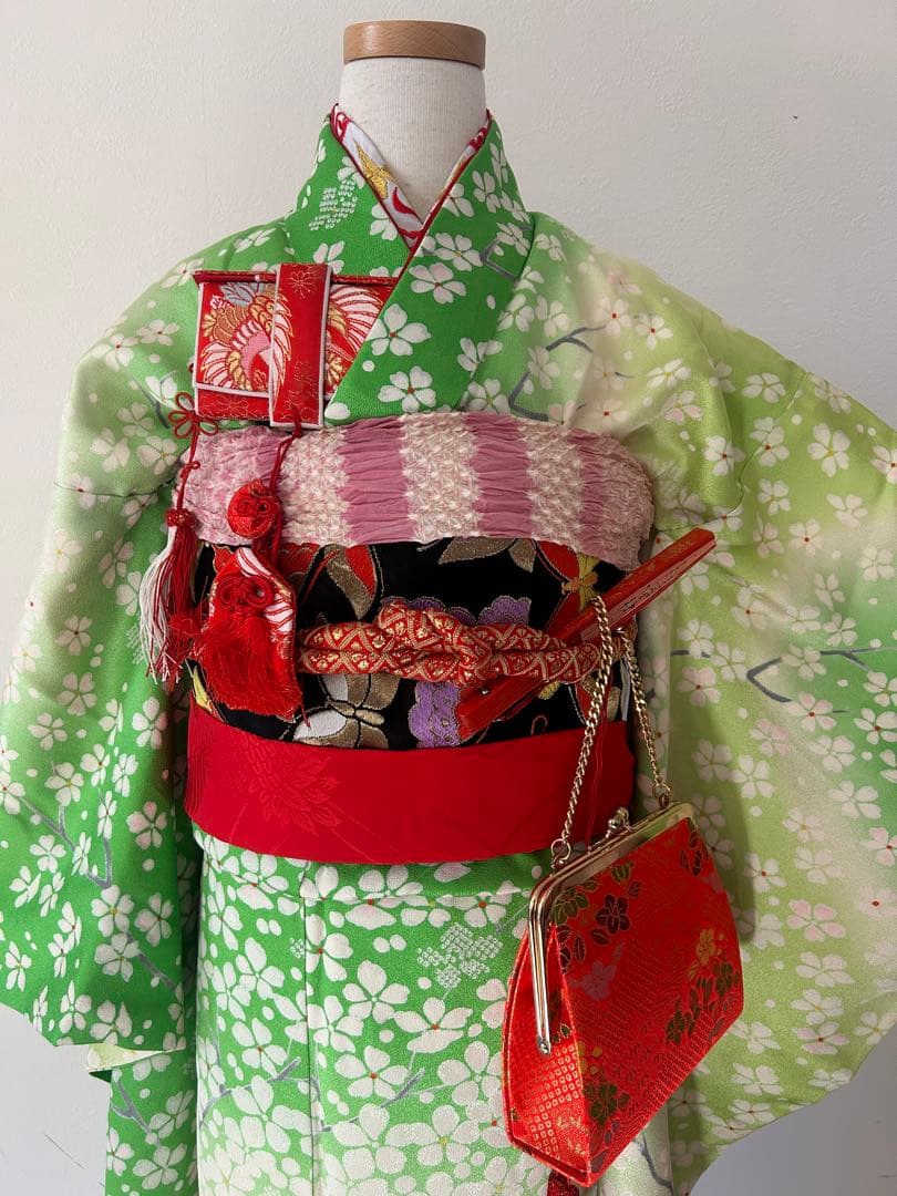 7歳　七五三　正絹着物　帯　帯揚げ　帯締め　しごき　はこせこ扇子バッグ草履セット