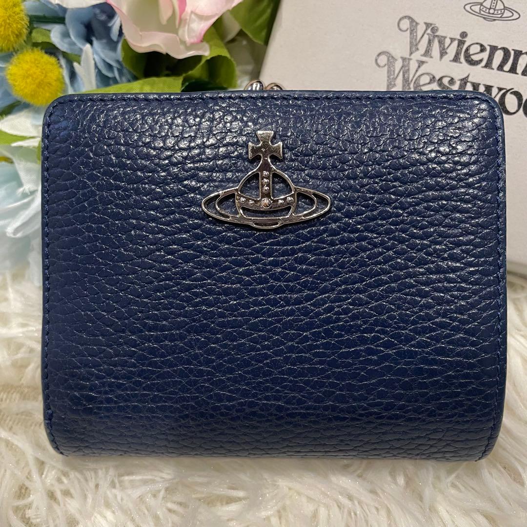 美品 ヴィヴィアンウエストウッド 二つ折り財布 シボ革 がま口 ネイビー 箱付き