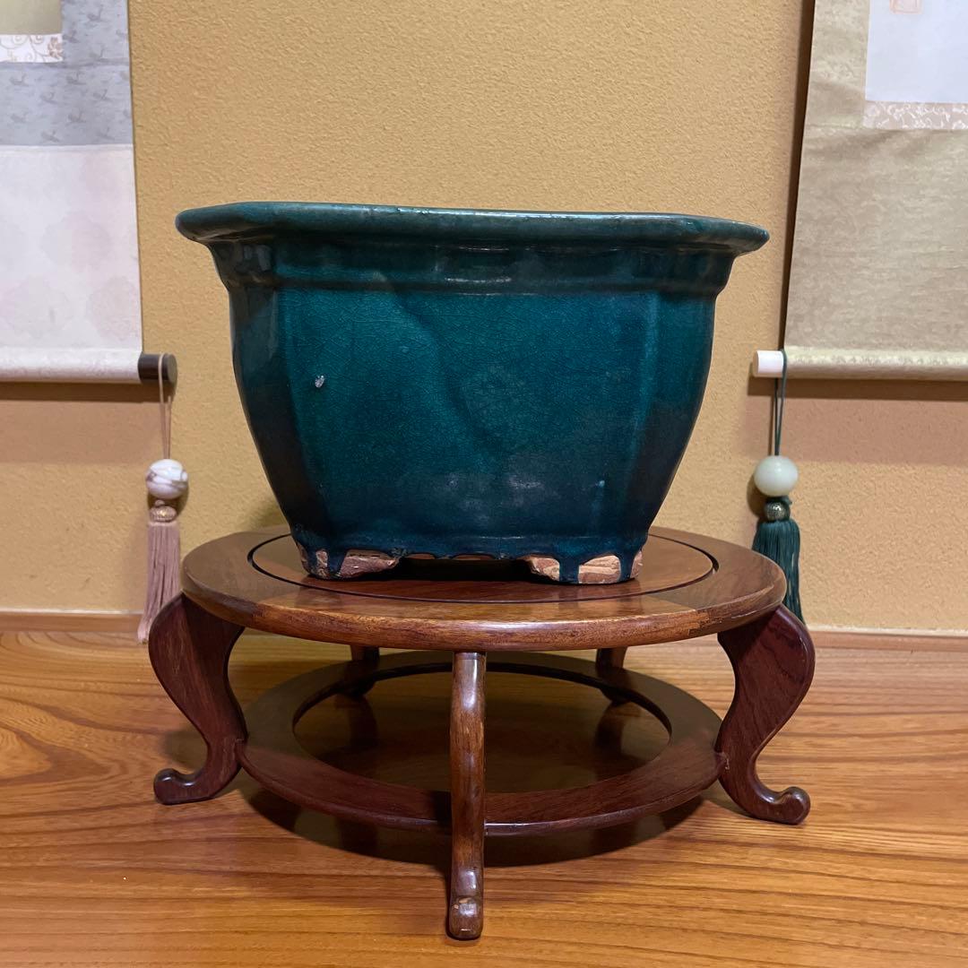 盆栽鉢 陶器製 八角形 釉薬 広東鉢 大型