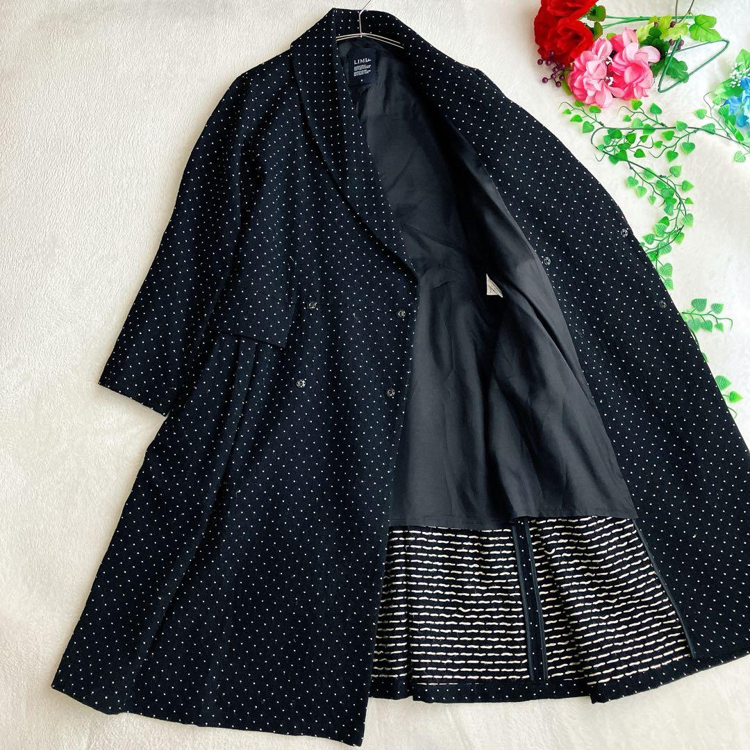 リミフゥ★ショールカラー ウールロングコート ドット柄 総柄 Aライン ギャザー
