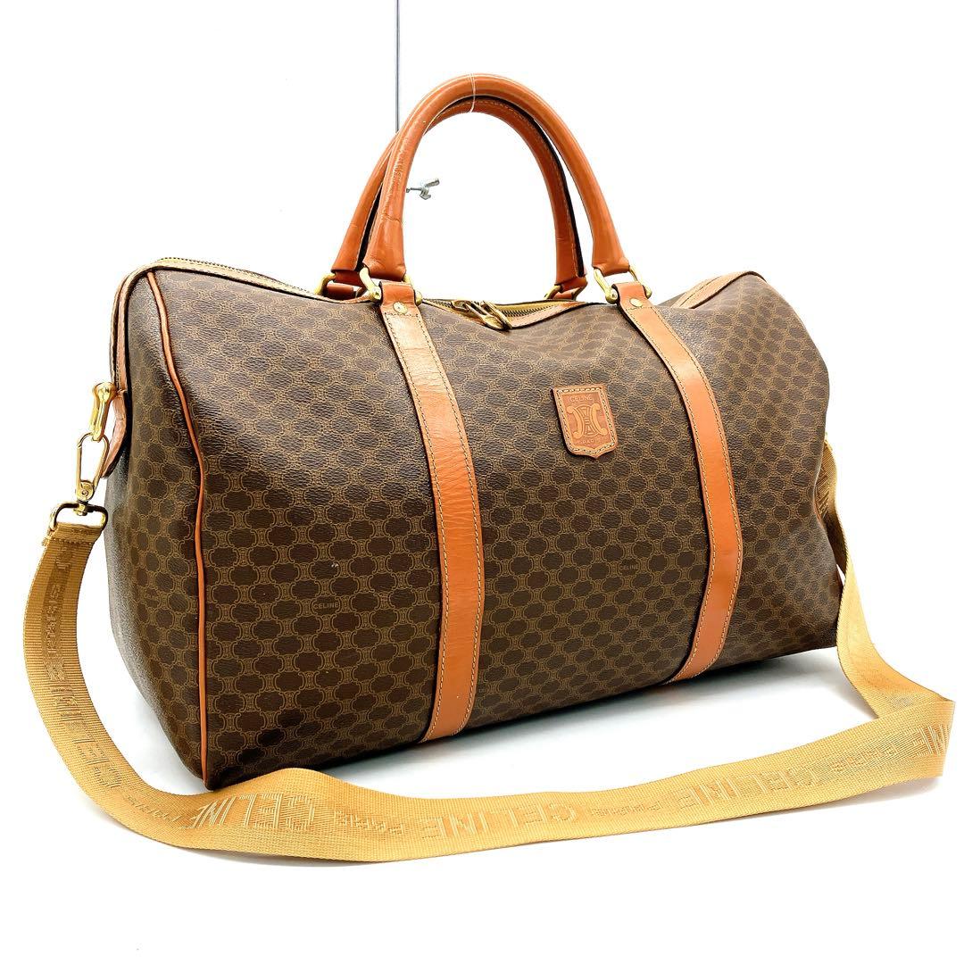 【CELINE】ボストンバッグ　マカダム柄　ゴールド金具　PVC ブラウン