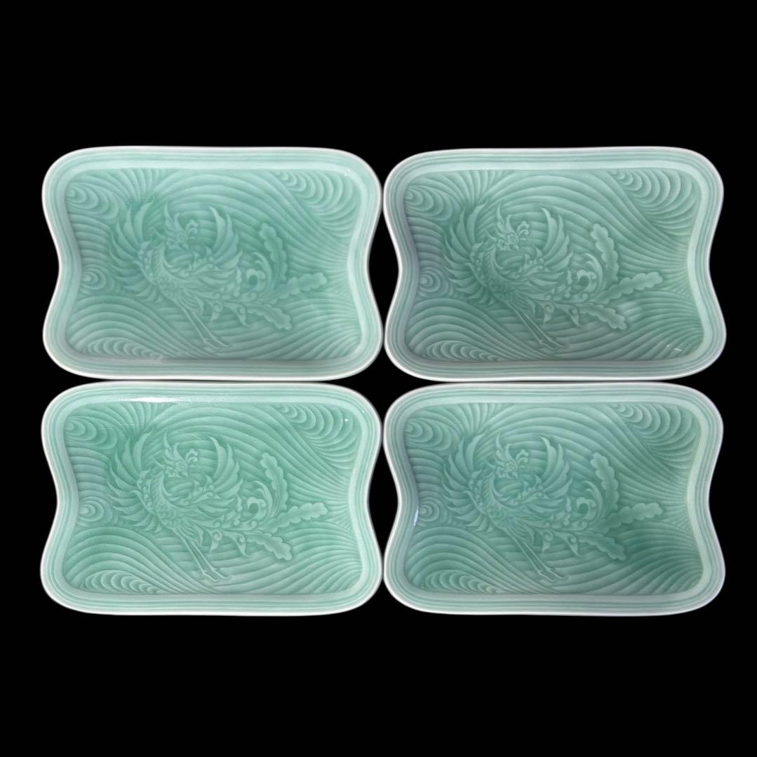 [4枚セット] 青磁 鳳凰 長角皿 在銘 角皿 陽刻 陶器 和食器 料亭 割烹