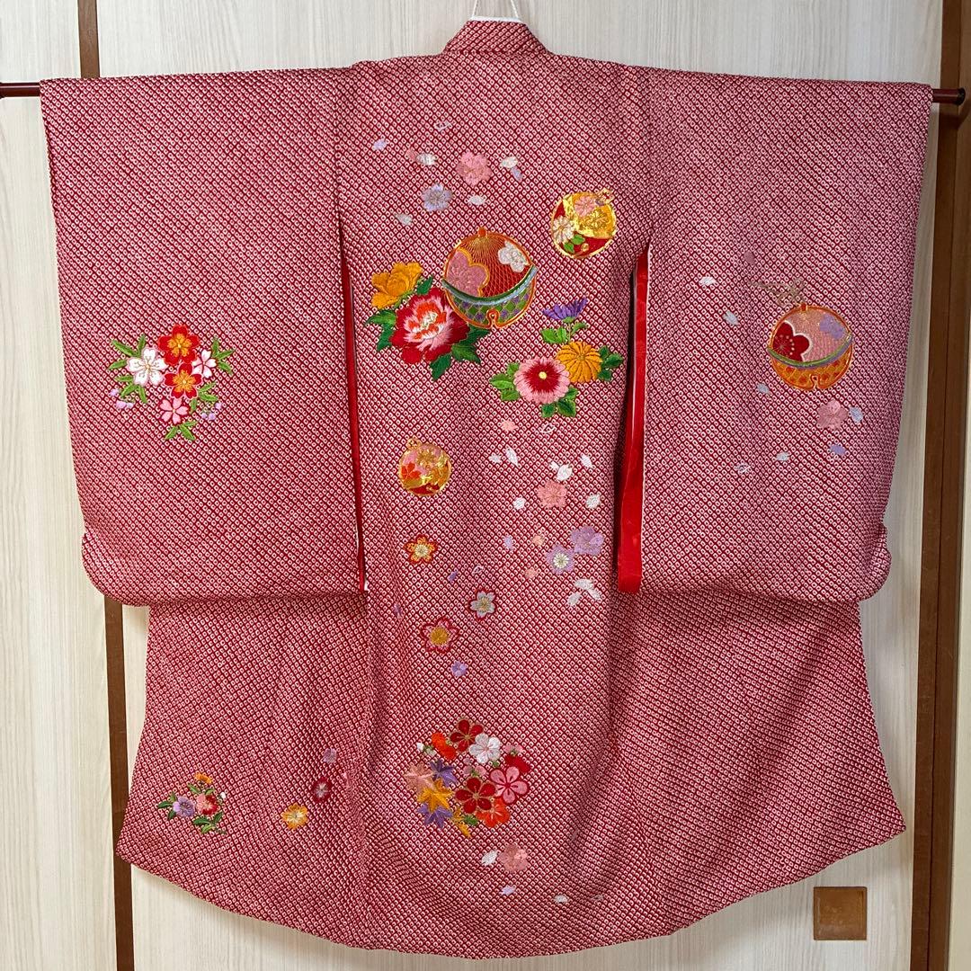 お祝い着　七五三　女の子総絞り着物　正絹　草履　髪飾り