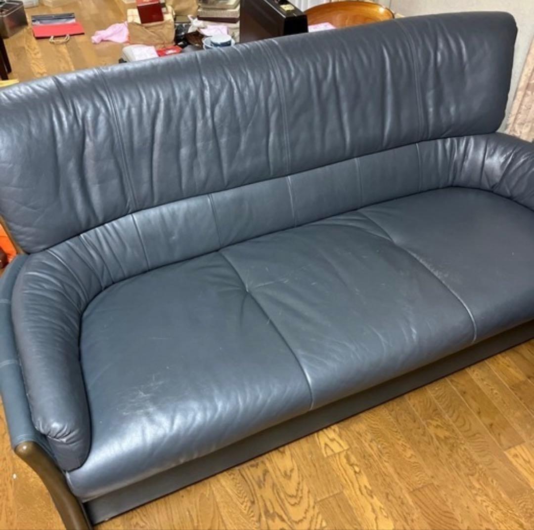 カリモク　ソファ　チェア　セット　レザー　グレー　ブルー